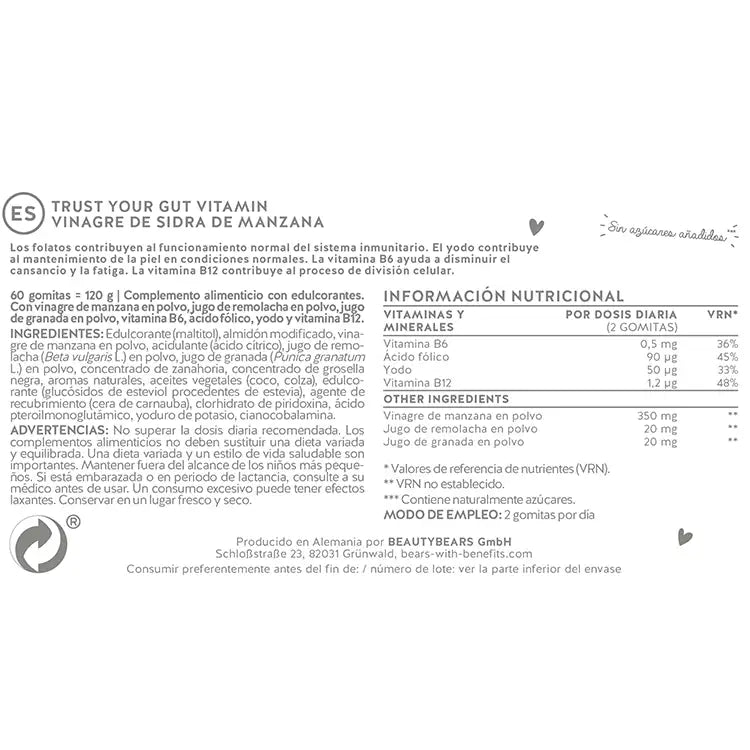 Estos ingredientes y nutrientes se encuentran en las Vitaminas Trust Your Gut de Bears with Benefits.