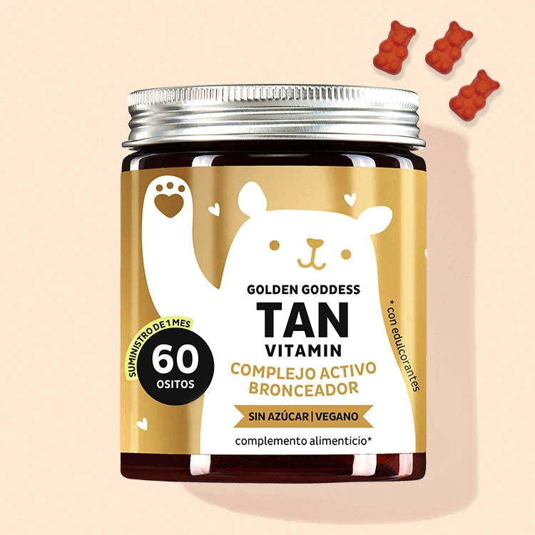 Esta foto muestra una lata del producto Golden Goddess Tan con betacaroteno de Bears with Benefits.