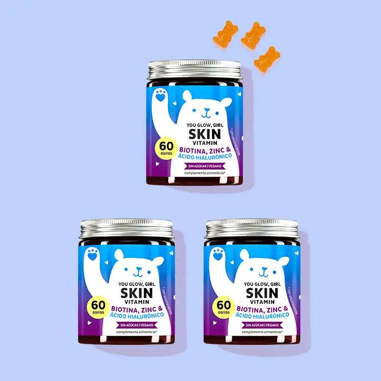 El You Glow, Girl Skin Vitamins con Biotina, Zinc y Hialurón de Bears with Benefits como cura de 1,5 meses.