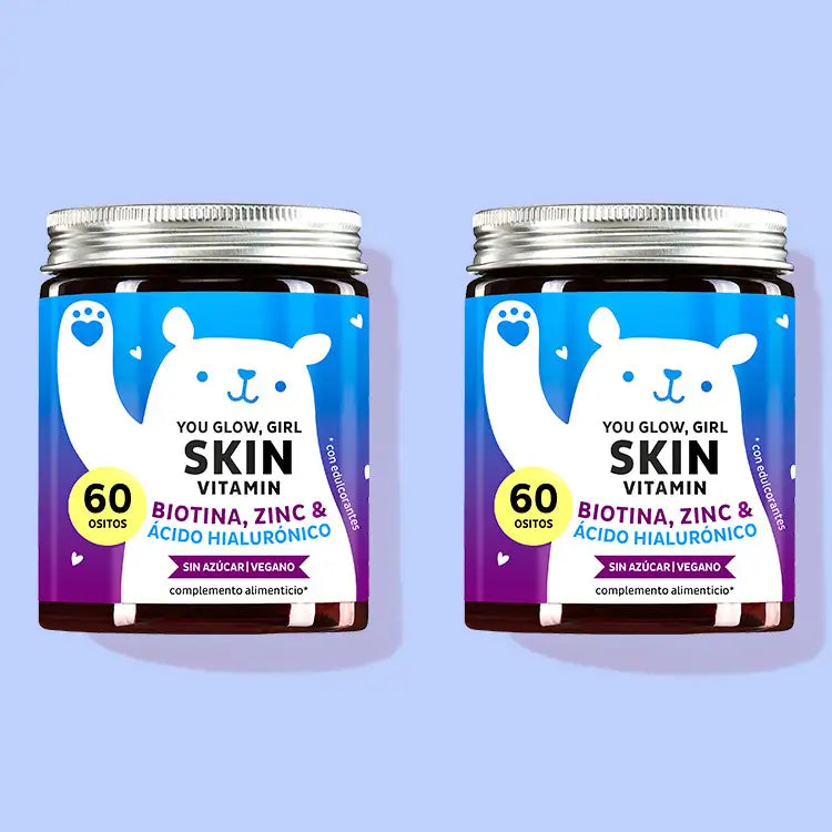 El You Glow, Girl Skin Vitamins con Biotina, Zinc y Hialurón por Bears with Benefits como cura de 1 mes.