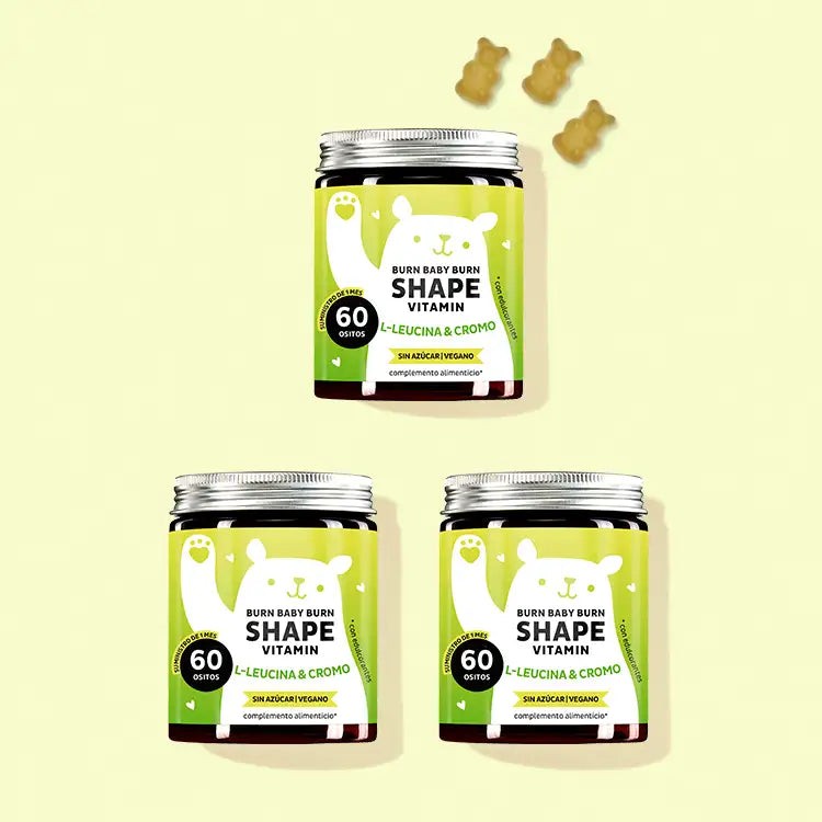 El Burn Baby Burn Shape Vitaminas con cromo, L-leucina y extracto de hoja de té verde por Bears with Benefits para el metabolismo de la grasa como una cura de 3 meses.