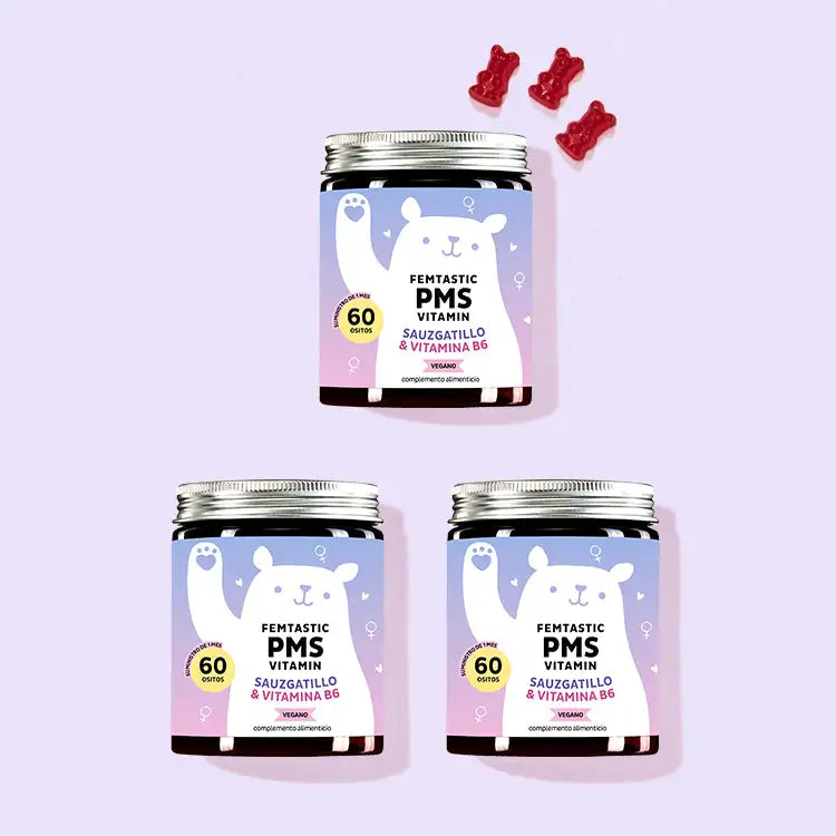 El Femtastic PMS Vitaminas con Pimienta de Monje por Bears with Benefits como una cura de 3 meses.