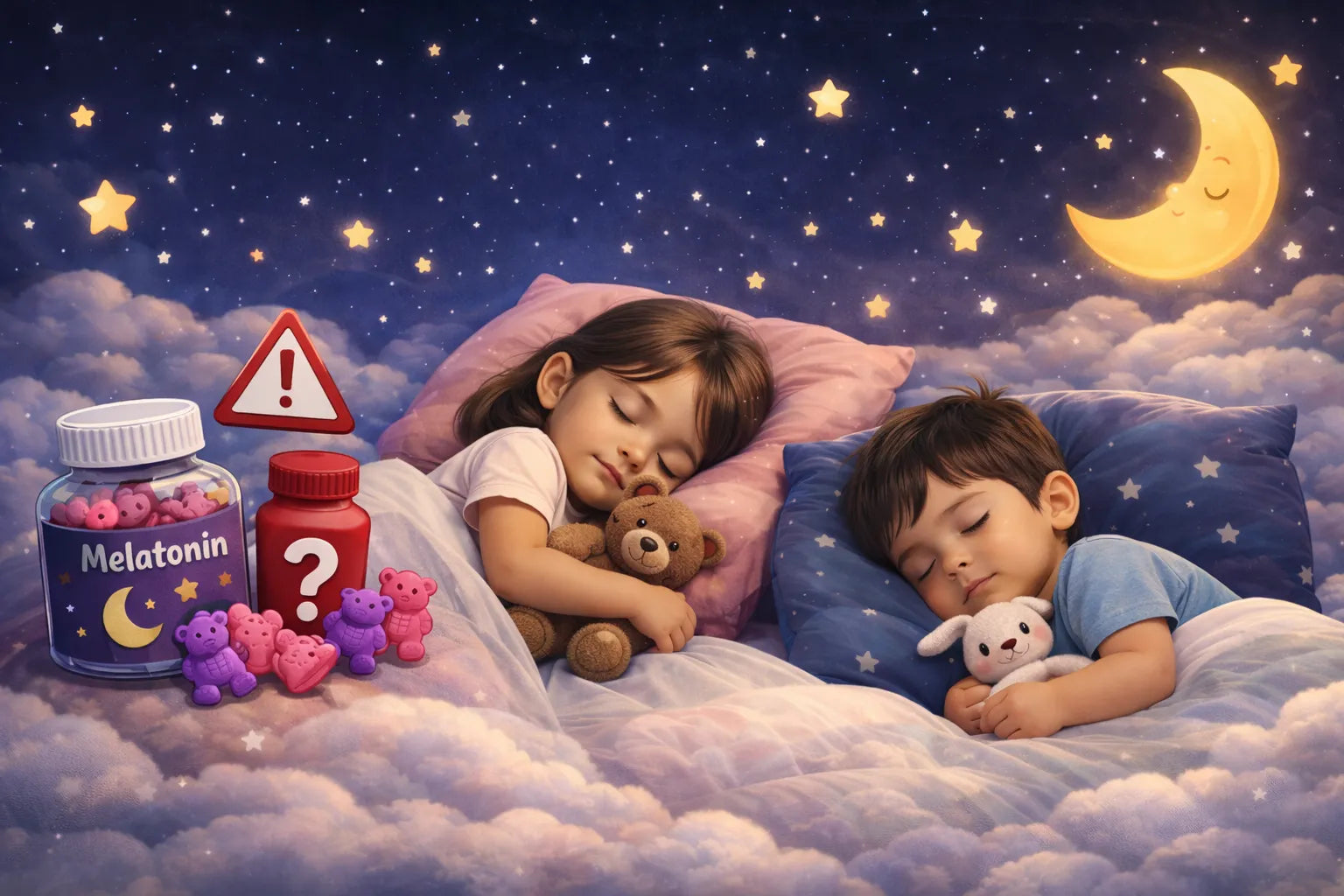 Dos niños pequeños durmiendo tranquilamente en la cama por la noche, representando el sueño infantil