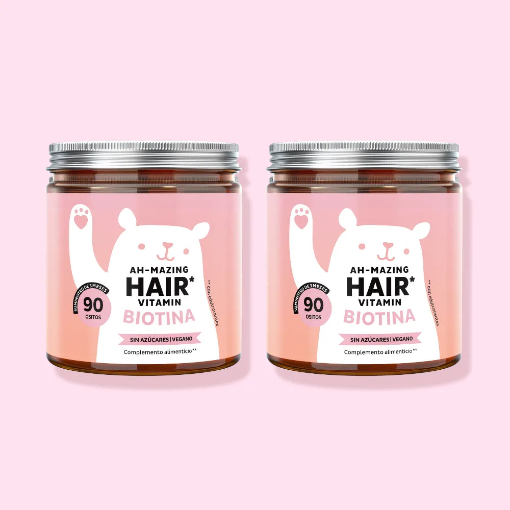 Imagen del pack de 2 botes de las vitaminas Ah-Mazing Hair de Bears with Benefits, con 180 gominolas en total para un cuidado prolongado de la belleza.