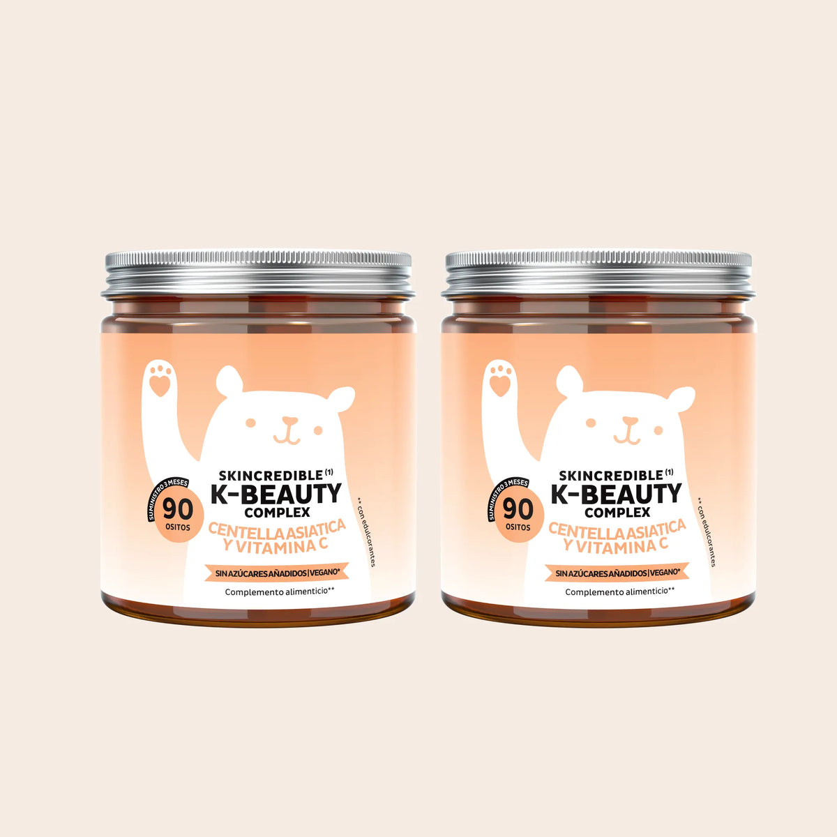 Bears with Benefits Skincredible K-Beauty Complex – Pack con 2 tarros de 90 ositos de gominola, 180 ositos en total, con vitamina C y zinc para la formación normal de colágeno y la protección de las células frente al estrés oxidativo. Sabor mango.