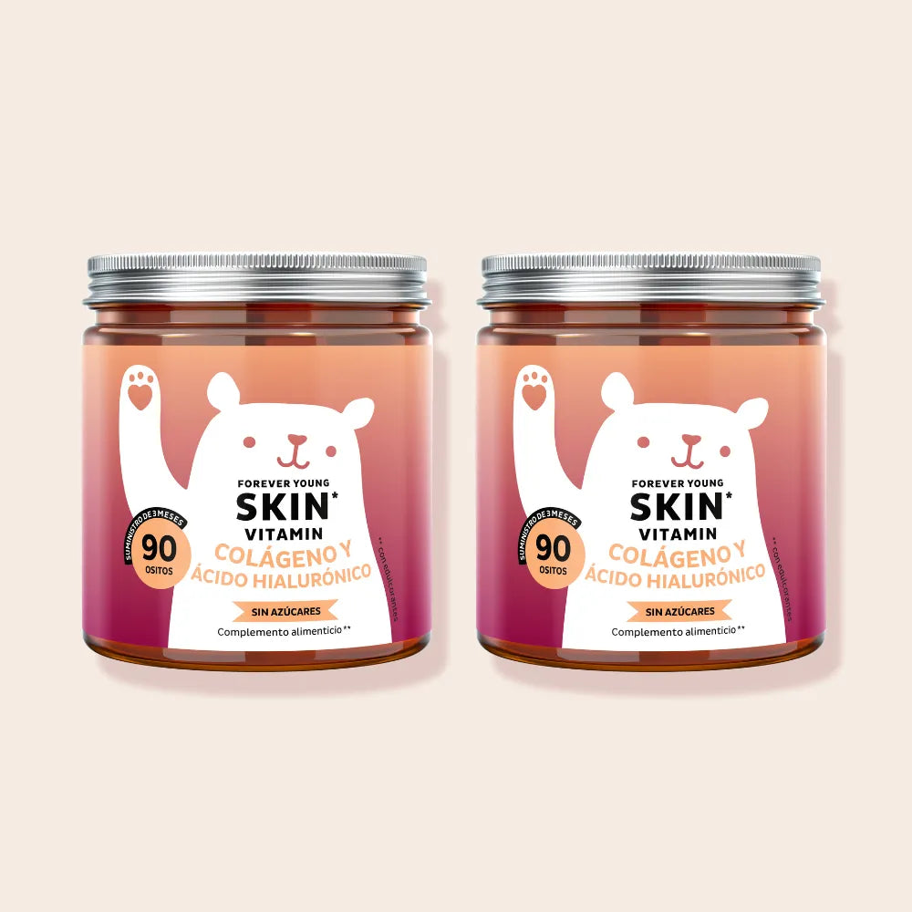 Imagen del pack de 2 botes de las vitaminas Forever Young Skin de Bears with Benefits, con 180 gominolas en total para un cuidado prolongado de la piel.