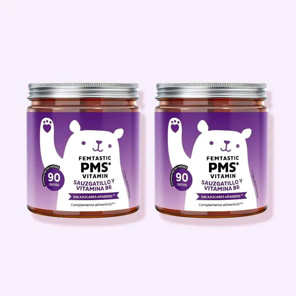 Bears with Benefits Femtastic PMS – Pack de 2 botes de gominolas para el equilibrio hormonal y el bienestar femenino, 180 ositos sabor fresa para un apoyo prolongado durante la fase premenstrual.