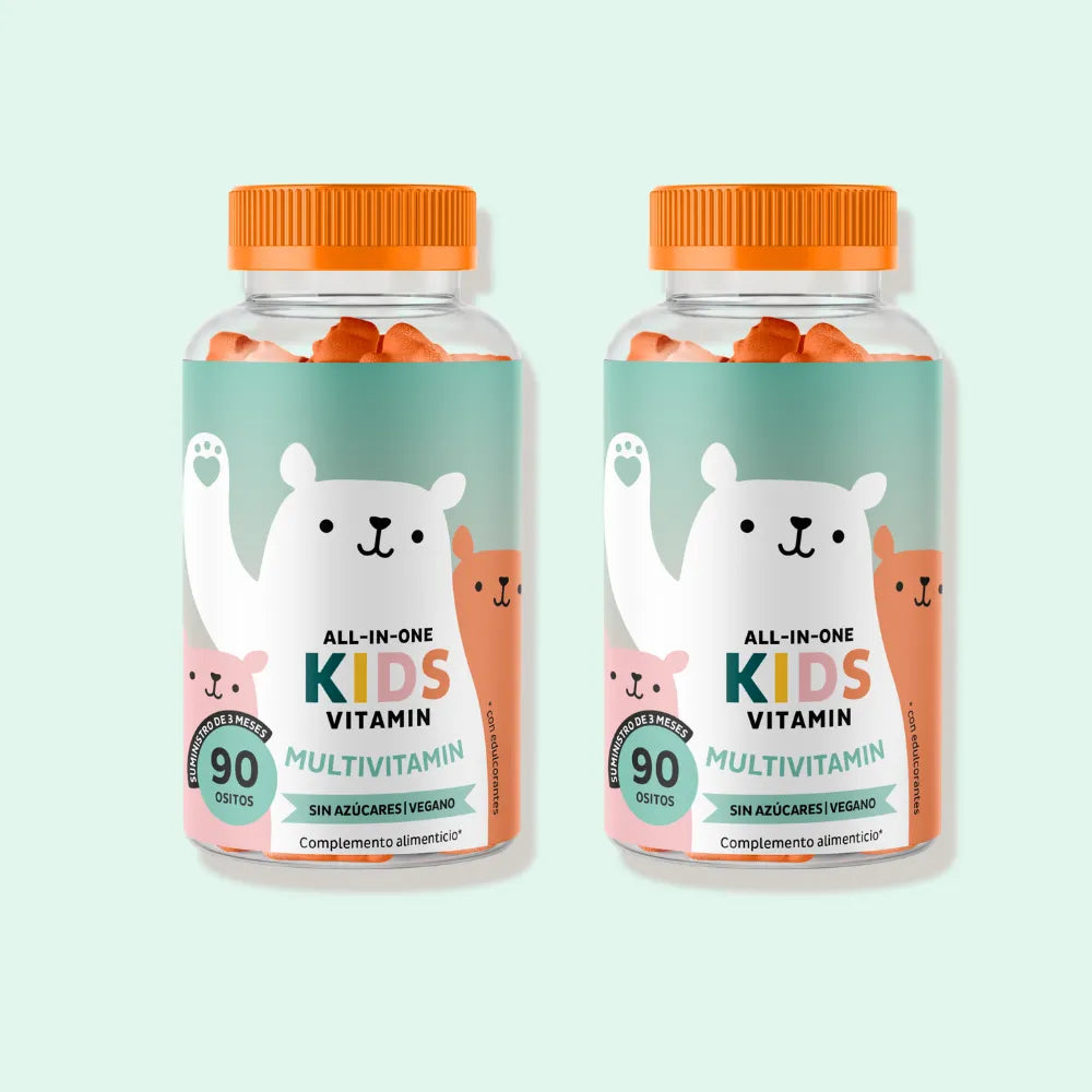 Imagen del pack de 2 botes de las vitaminas All In One Kids de Bears with Benefits, con 180 gominolas en total para un apoyo prolongado del crecimiento infantil.