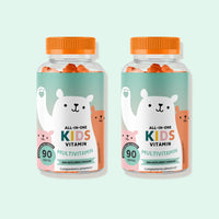 Imagen del pack de 2 botes de las vitaminas All In One Kids de Bears with Benefits, con 180 gominolas en total para un apoyo prolongado del crecimiento infantil.