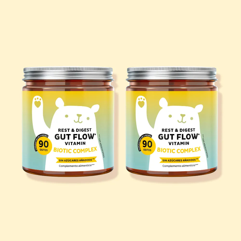Imagen del pack de 2 botes del probiótico Rest & Digest Gut Flow de Bears with Benefits, con 180 gominolas en total para el cuidado de la salud intestinal .