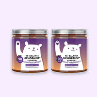 Bears with Benefits Re•Balance Menopause* Support – Pack ahorro con 2 botes de gominolas veganas para el apoyo prolongado de la mujer durante la menopausia. 180 gominolas sin azúcares y sabor natural a papaya (180 días de suministro) para una rutina completa.
