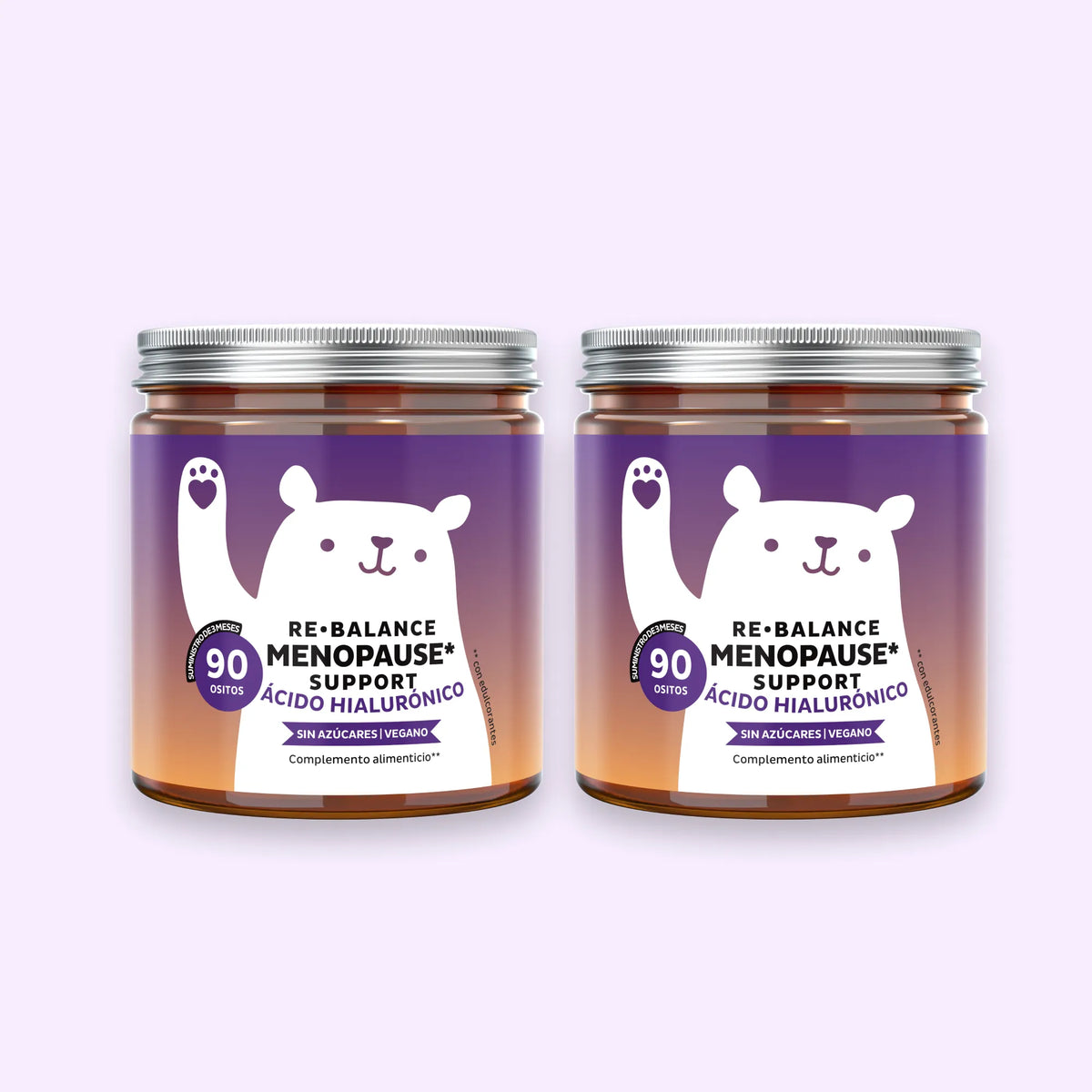 Bears with Benefits Re•Balance Menopause* Support – Pack ahorro con 2 botes de gominolas veganas para el apoyo prolongado de la mujer durante la menopausia. 180 gominolas sin azúcares y sabor natural a papaya (180 días de suministro) para una rutina completa.
