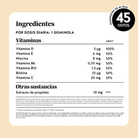 Bears with Benefits One Bear a Day Immune – Gominolas multivitamínicas con lista completa de ingredientes, vitaminas C, D, B6, B12, propóleo y valores nutricionales detallados.