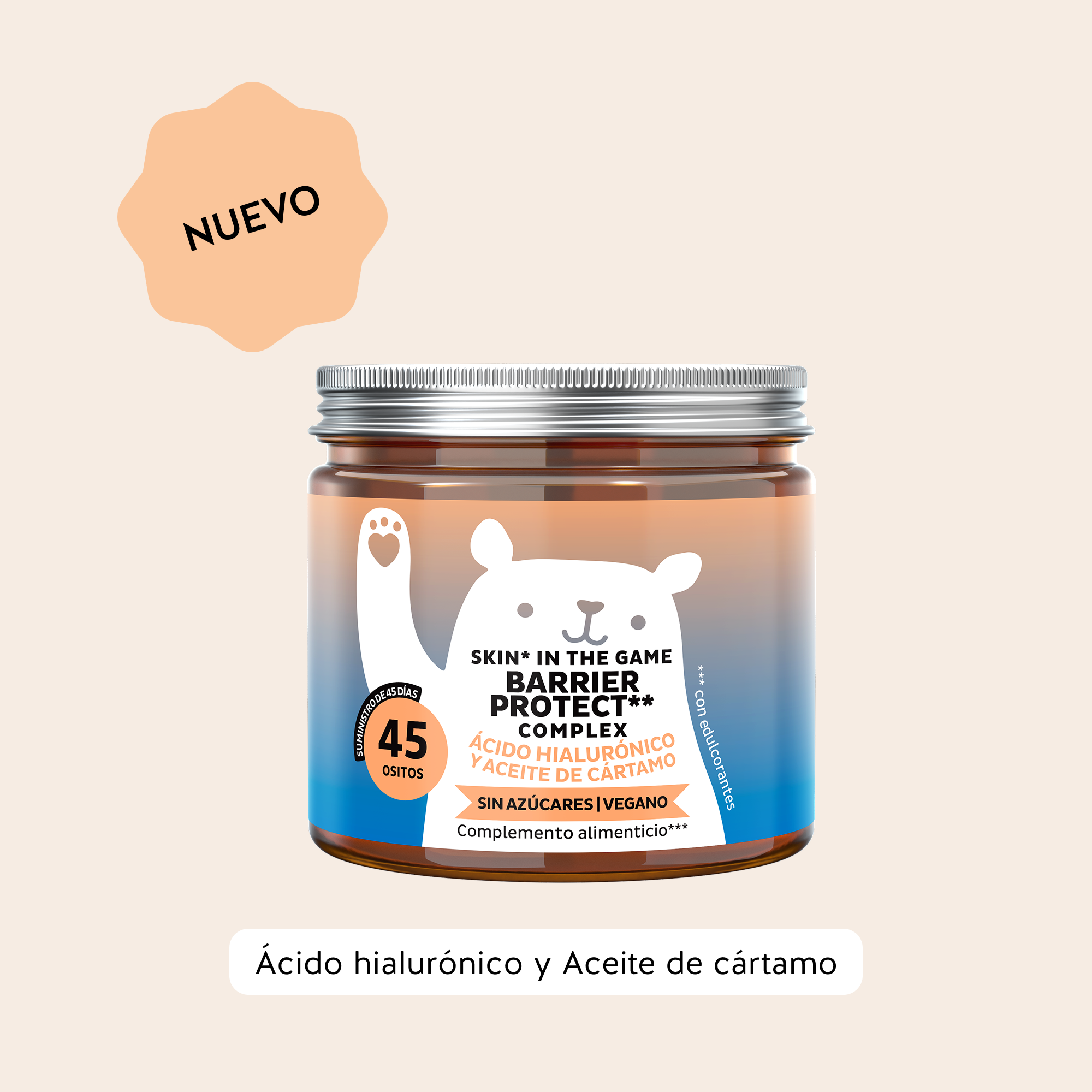 Bears with Benefits Skin* in the Game! Barrier Protect** Complex – Gominolas veganas con ácido hialurónico, vitamina C, vitamina E y zinc para firmeza, hidratación y protección de la piel, 45 ositos sin azúcar con sabor natural a mango.