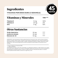 Bears with Benefits Skin* in the Game! Barrier Protect** Complex – Tabla nutricional con ácido hialurónico, aceite de cártamo, vitamina C, vitamina E y zinc, con información detallada de ingredientes y valores nutricionales.