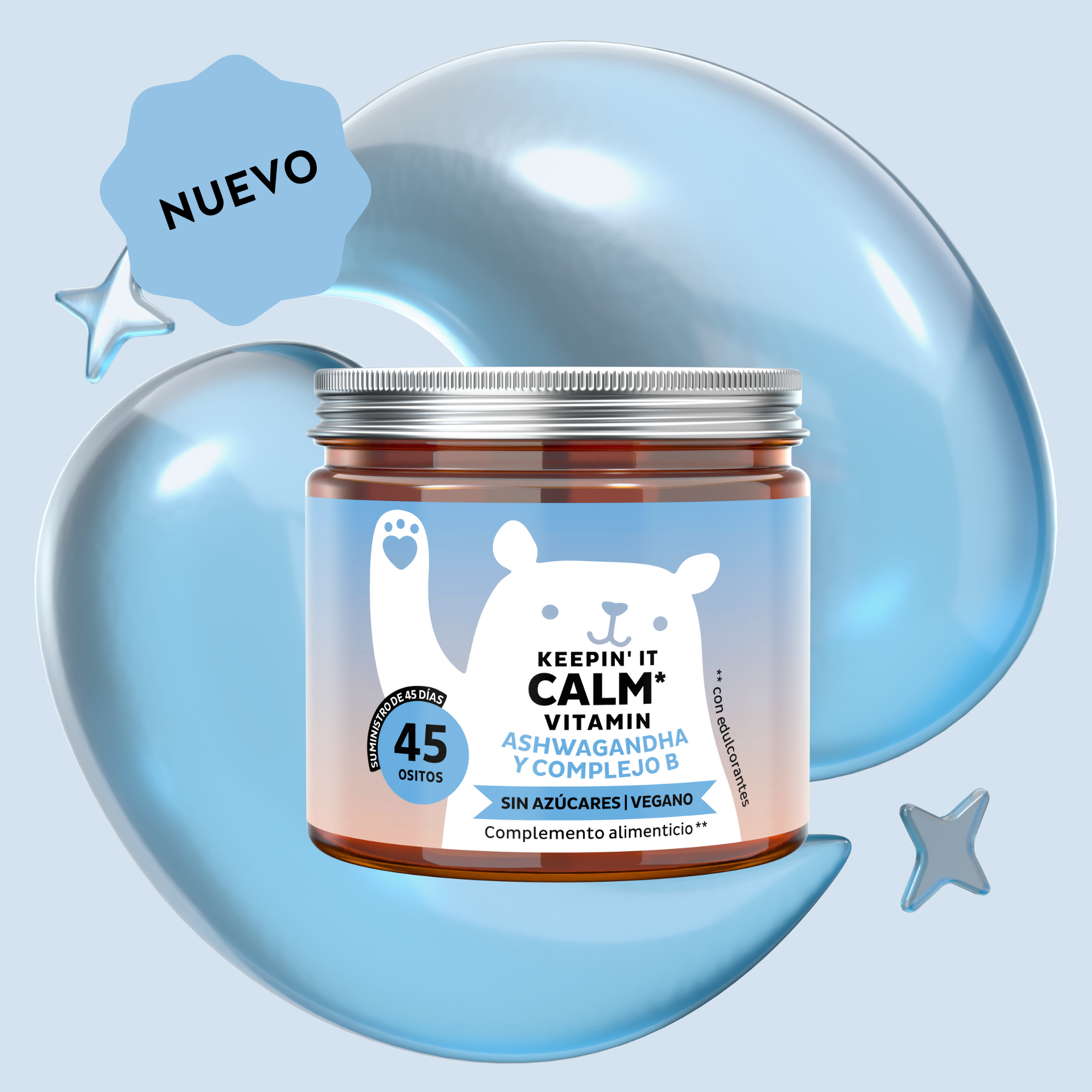 Imagen del bote de 45 unidades de las vitaminas Keepin’ it Calm de Bears with Benefits en formato de gominolas veganas, diseñadas para favorecer la calma, la concentración y el equilibrio mental.