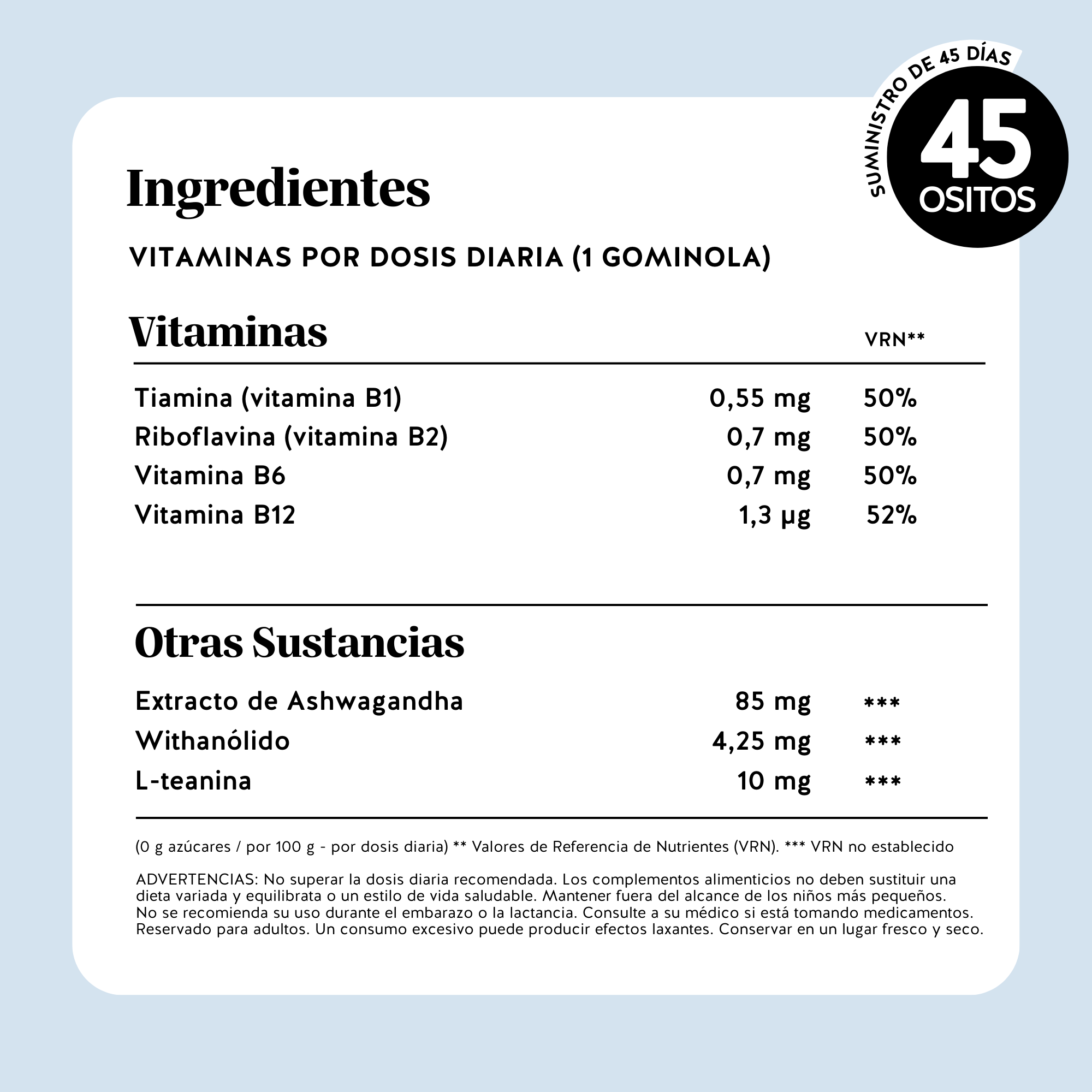 Lista completa de ingredientes y vitaminas de las Keepin’ it Calm de Bears with Benefits en formato de gominola, con información nutricional detallada.