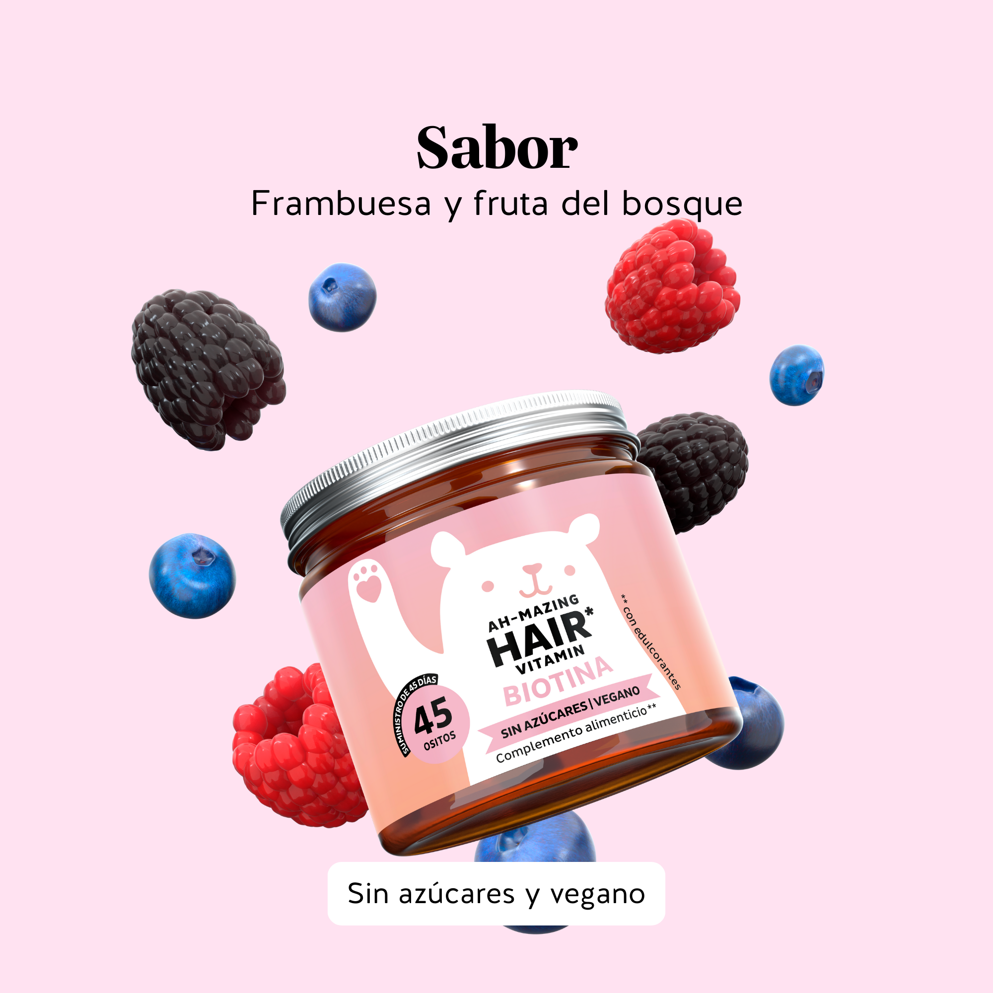 Sabor agradable de las gominolas Ah-Mazing Hair de Bears with Benefits, endulzadas con stevia y fáciles de consumir. Bote de 45 unidades.