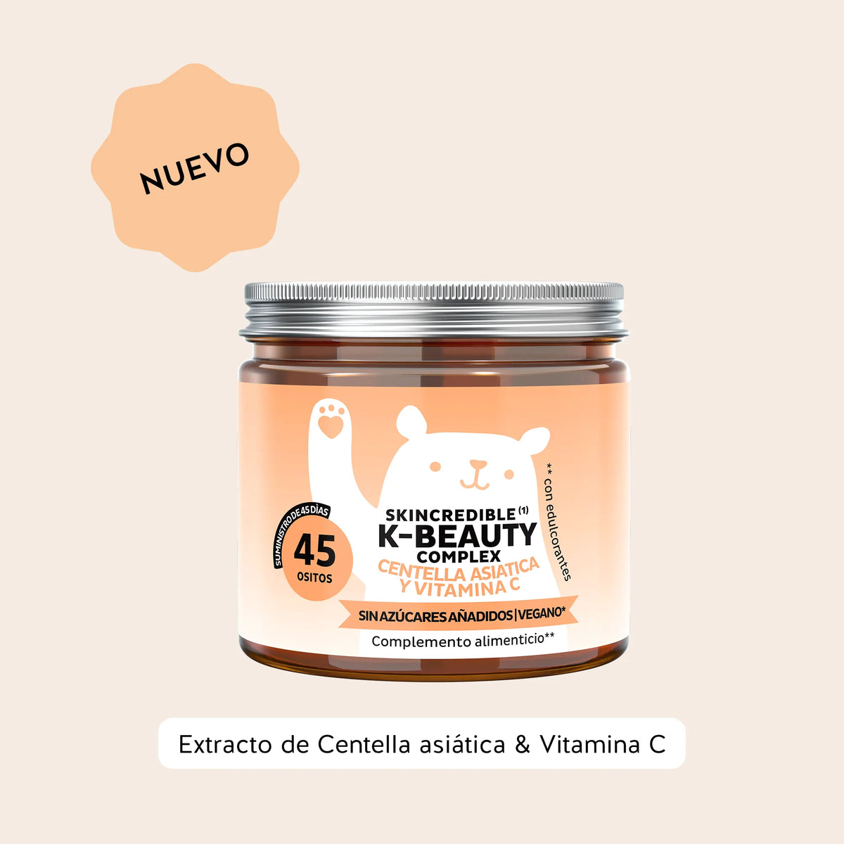 Bears with Benefits Skincredible K-Beauty Complex – Ositos de gominola con vitamina C y zinc para la formación normal de colágeno y la protección de las células frente al estrés oxidativo. Tarro con 45 ositos de gominola sabor mango.