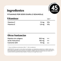 Bears with Benefits Forever Young Skin – Gominolas con lista completa de ingredientes, péptidos de colágeno, ácido hialurónico, coenzima Q10 y valores nutricionales detallados.