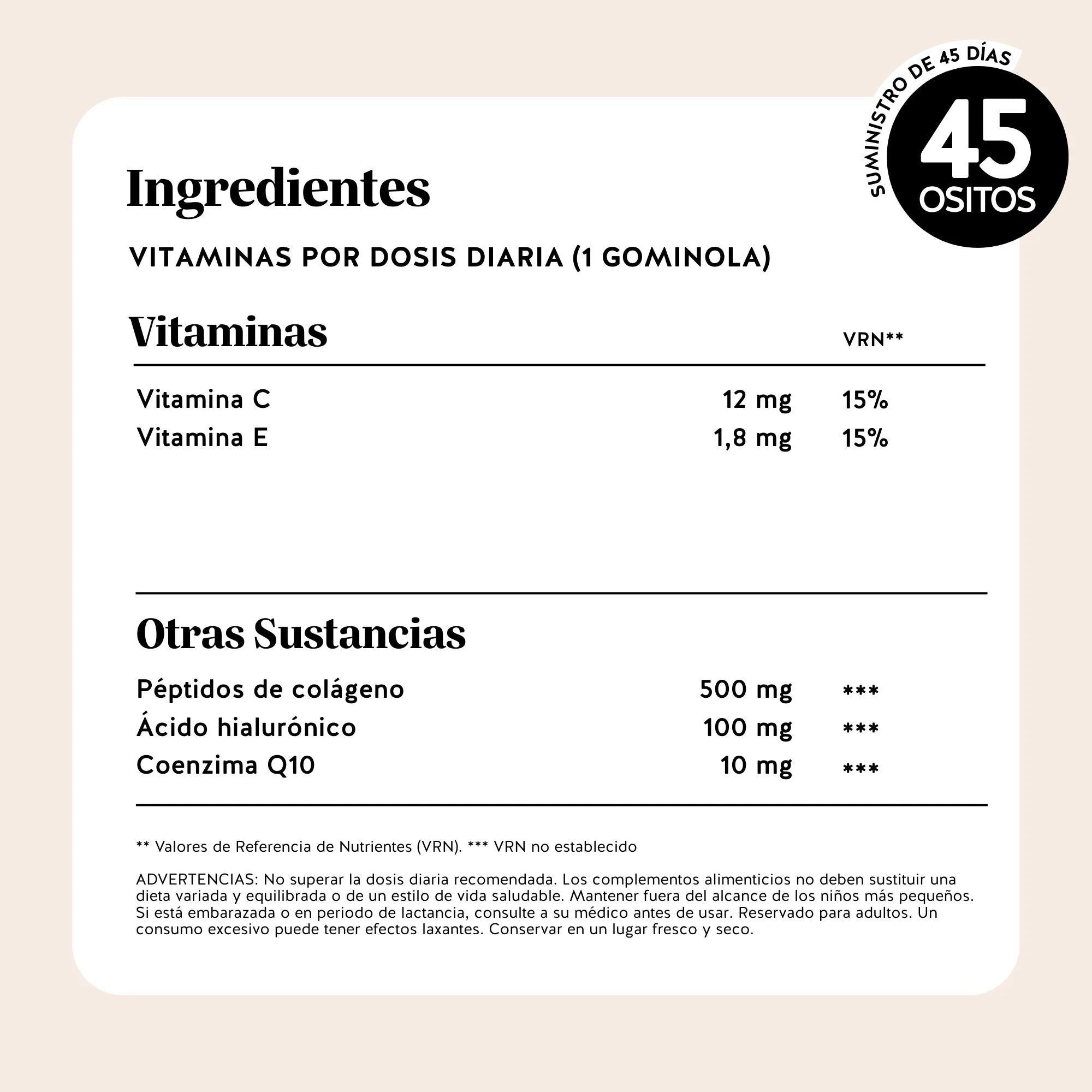 Lista completa de ingredientes de las vitaminas Forever Young Skin de Bears with Benefits en formato de gominola, con información nutricional detallada.