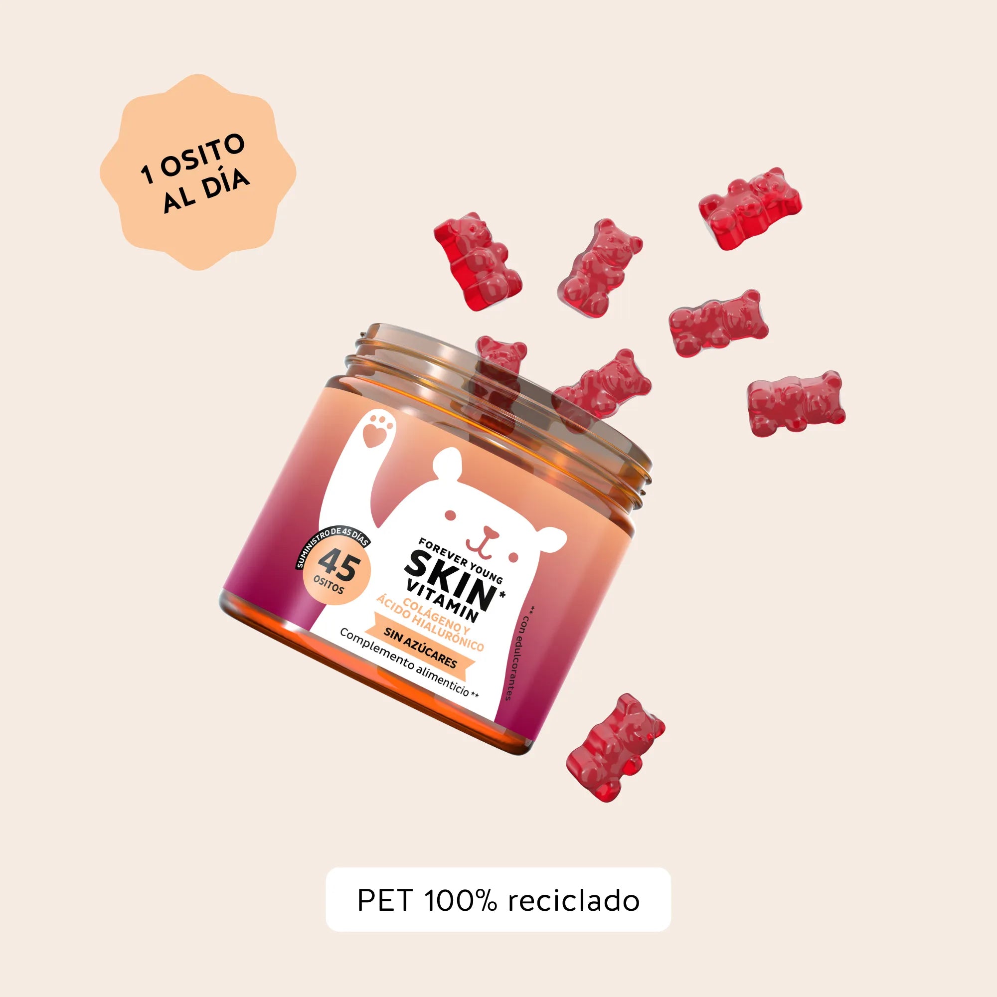 Recomendación de consumo de las vitaminas Forever Young Skin de Bears with Benefits: 1 osito al día. Bote de 45 unidades.