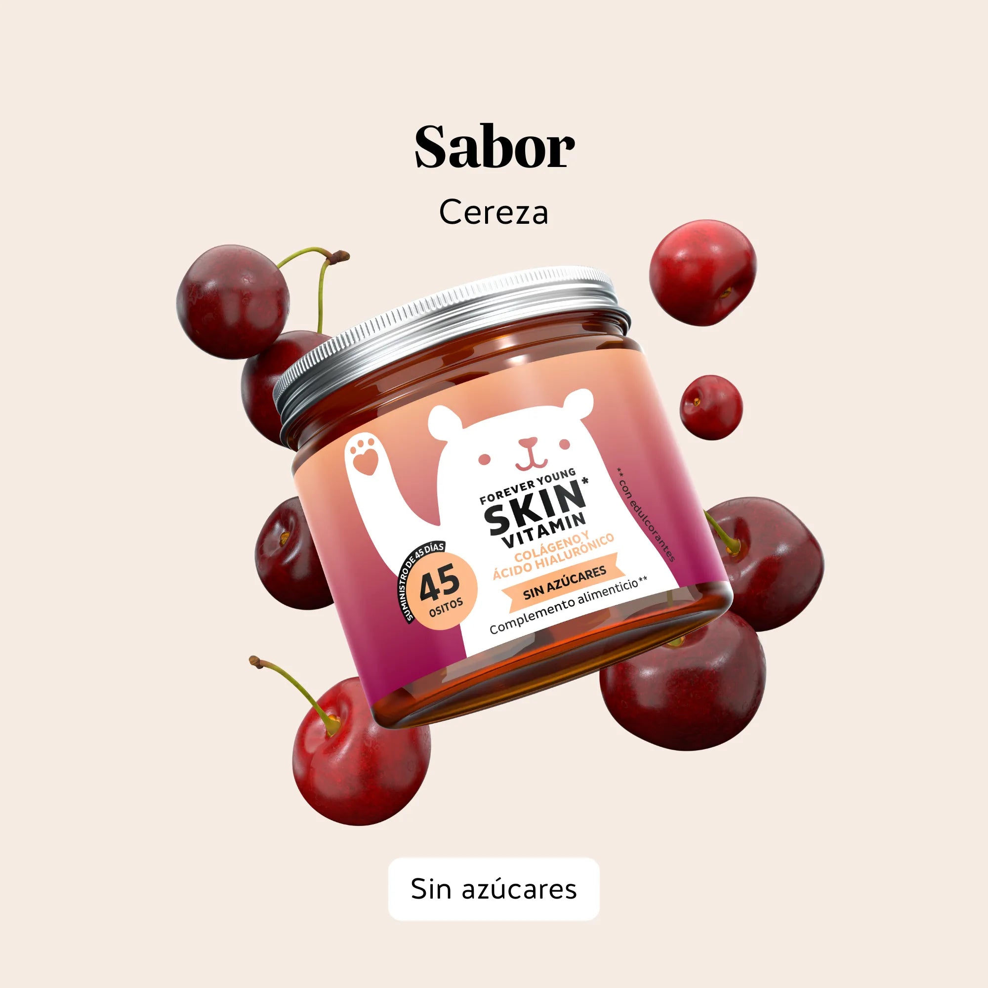 Sabor natural a cereza de las gominolas Forever Young Skin de Bears with Benefits, agradables y fáciles de consumir. Bote de 45 unidades.