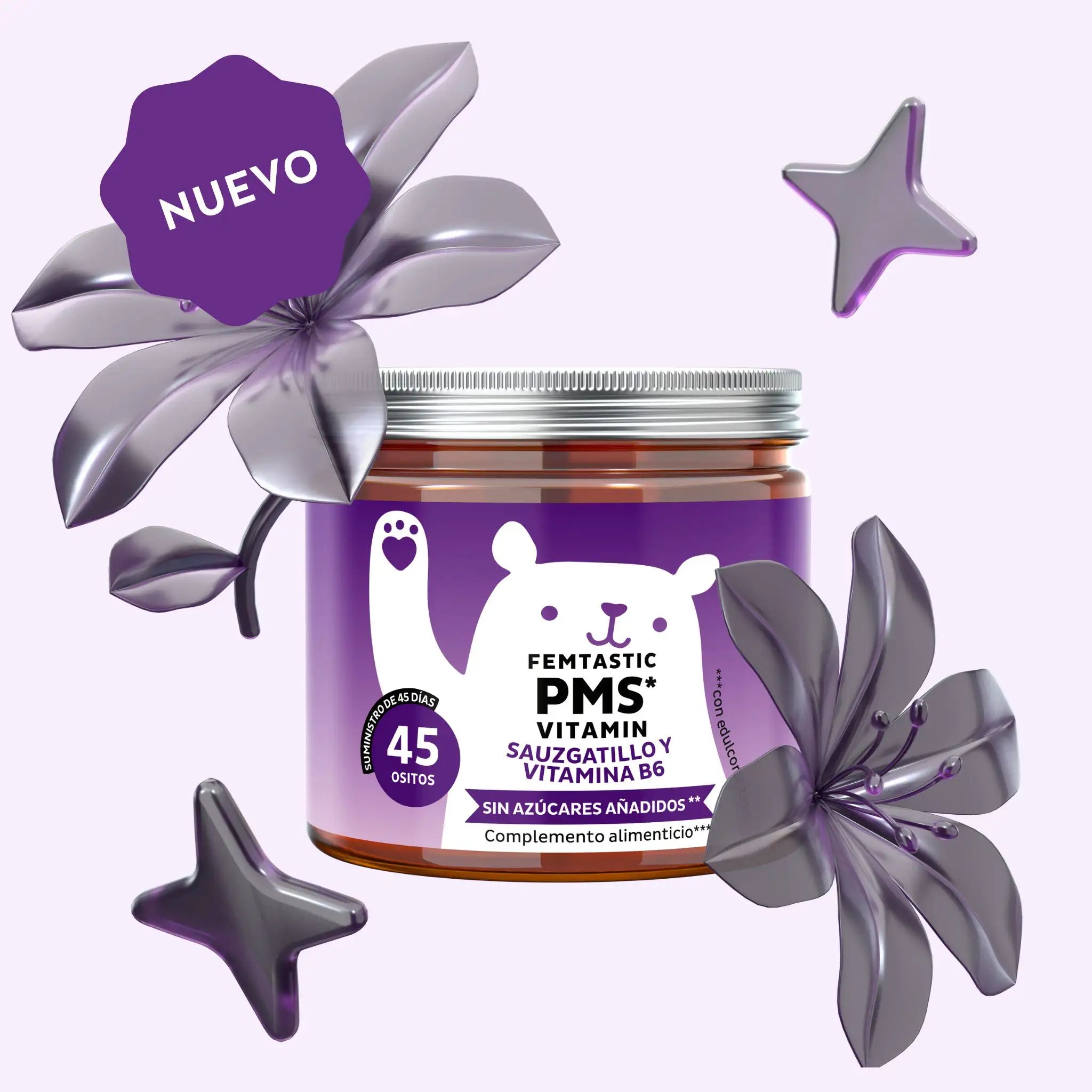 Imagen del bote de 45 unidades de las vitaminas Femtastic PMS de Bears with Benefits en formato de gominolas veganas, diseñadas para apoyar el equilibrio hormonal y aliviar los síntomas premenstruales.