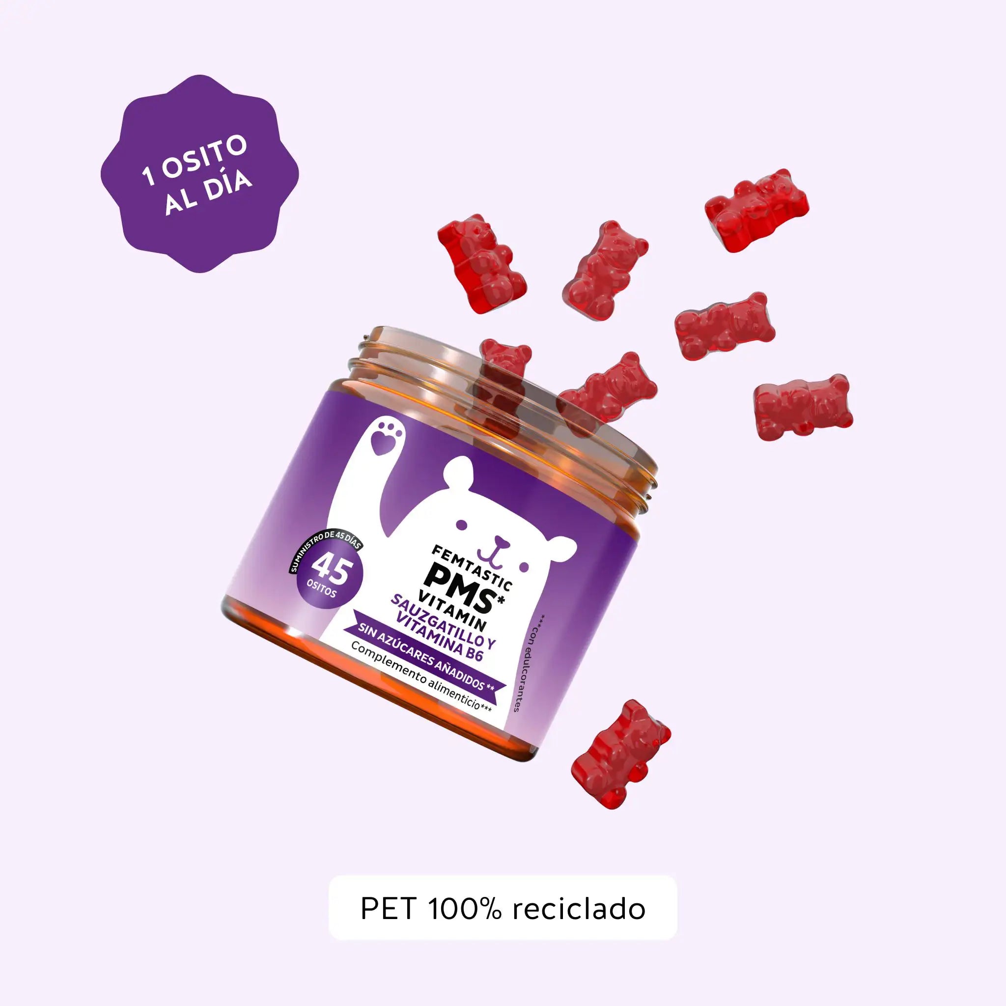 Bears with Benefits Femtastic PMS – Gominolas veganas con vitamina B6 y extractos vegetales, recomendación de 1 osito al día para apoyar el bienestar femenino y el equilibrio hormonal, 45 ositos sabor fresa.