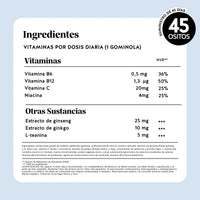 Bears with Benefits Mind Fuel* Brain Complex – Tabla nutricional con ginseng, ginkgo biloba, L-teanina, vitaminas B6, B12, vitamina C y niacina, con información detallada de ingredientes y valores nutricionales.