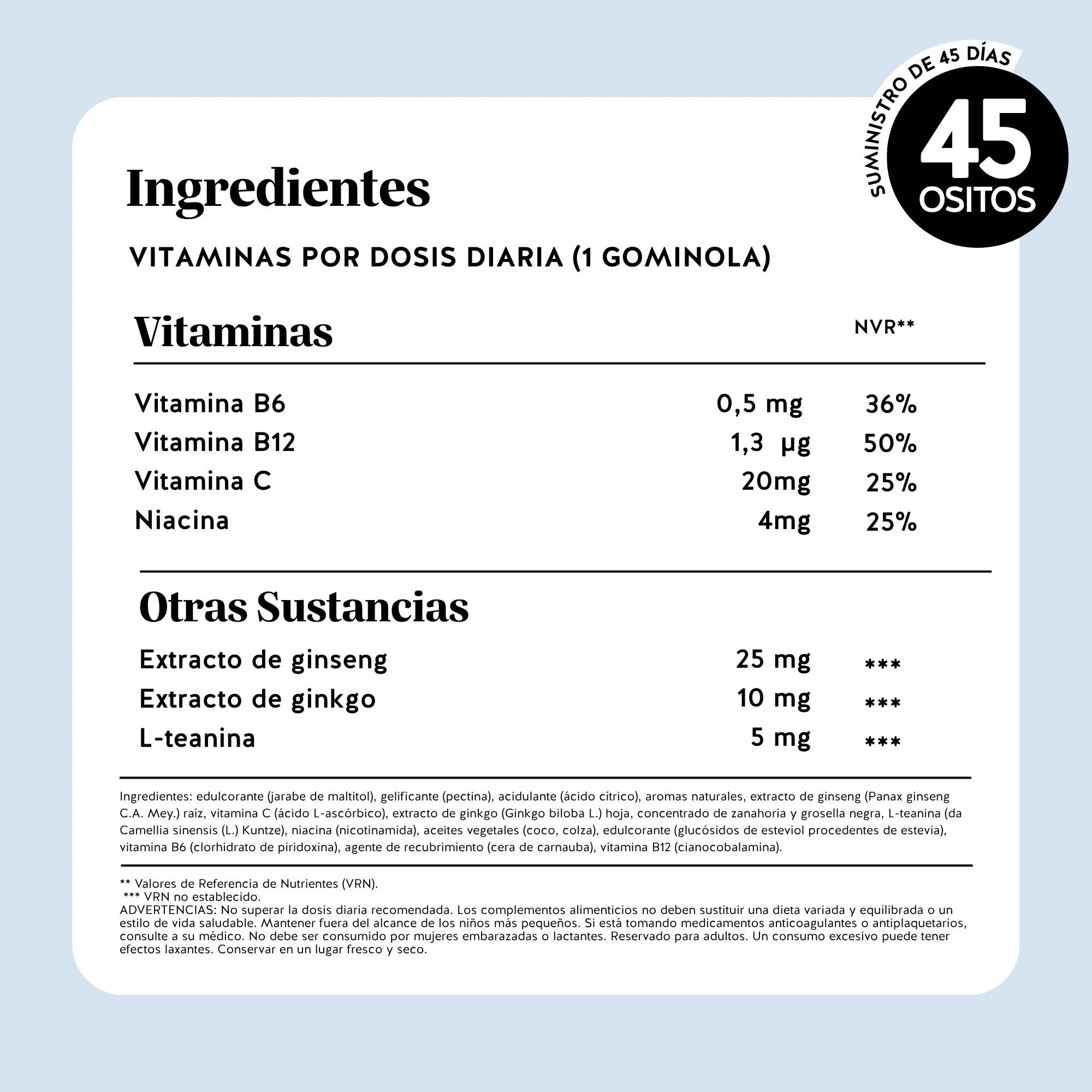 Bears with Benefits Mind Fuel* Brain Complex – Tabla nutricional con ginseng, ginkgo biloba, L-teanina, vitaminas B6, B12, vitamina C y niacina, con información detallada de ingredientes y valores nutricionales.