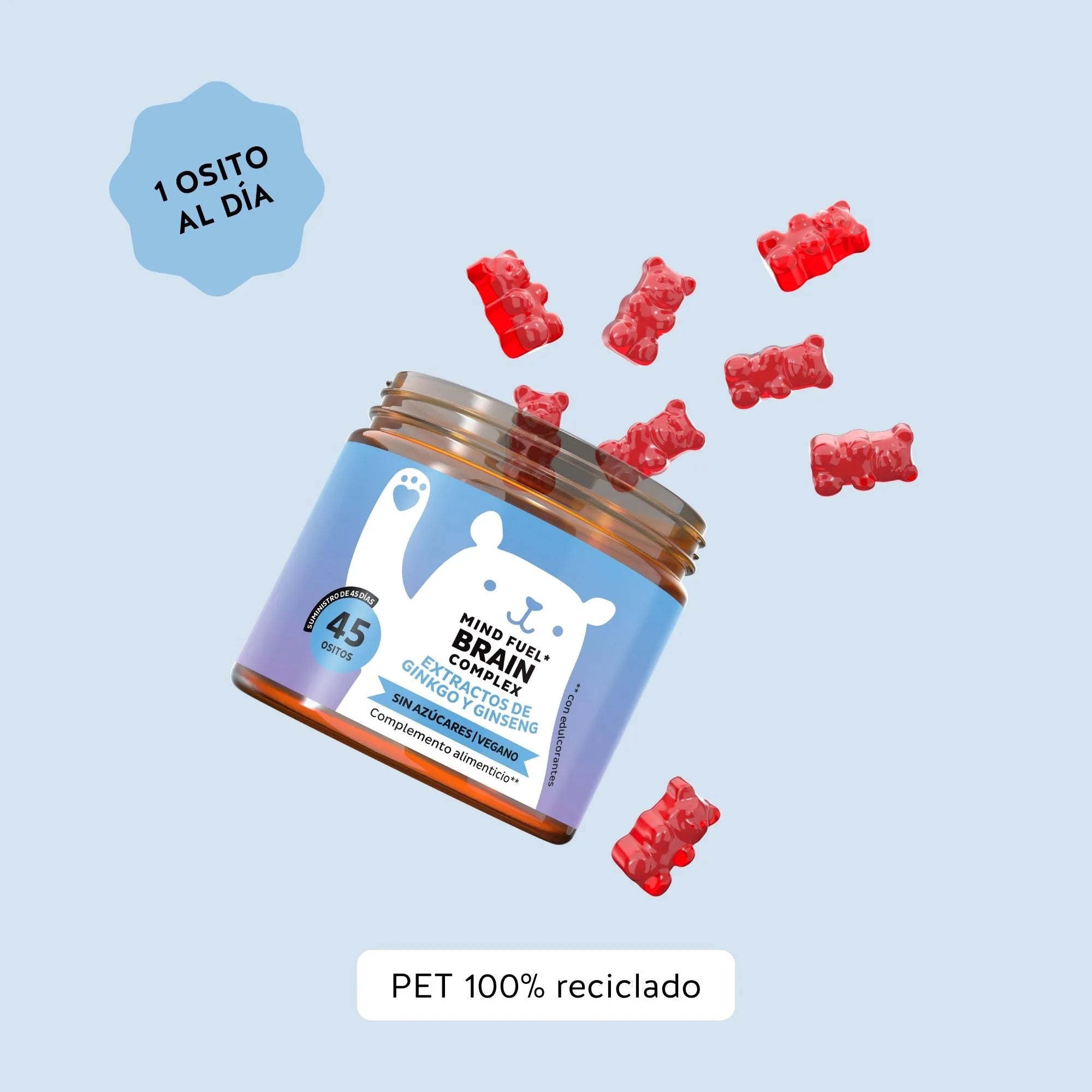Bears with Benefits Mind Fuel* Brain Complex – Gominolas veganas con vitaminas B, ginseng y L-teanina, recomendación de 1 osito al día, bote de 45 unidades con sabor natural a frambuesa.