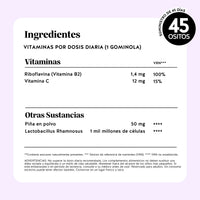 Bears with Benefits Intimate Balance Flora – Gominolas probióticas con lista completa de ingredientes, vitamina C, riboflavina, Lactobacillus rhamnosus y valores nutricionales detallados.