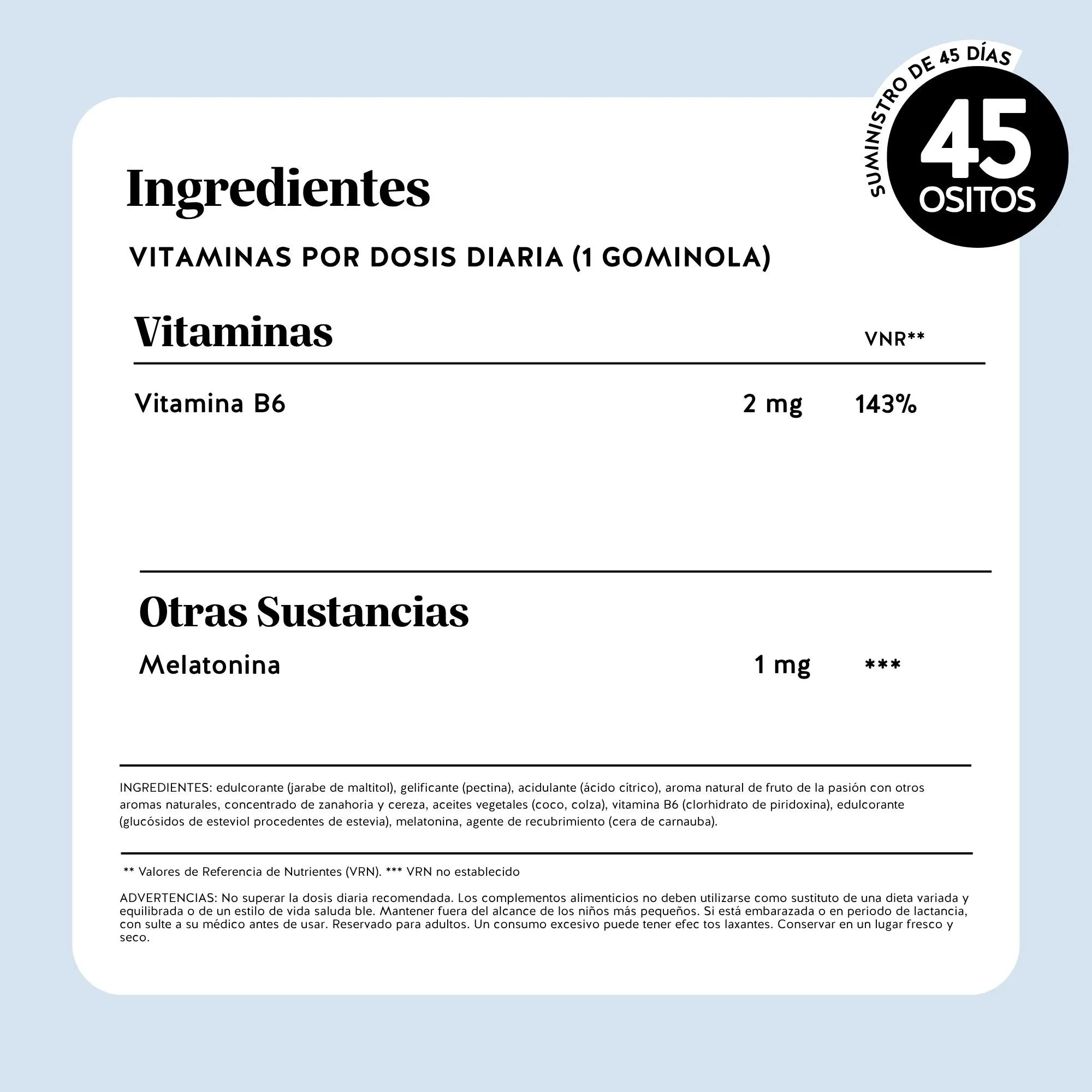 Bears with Benefits Super Snooze Sleep* – Tabla nutricional con melatonina, vitamina B6 e información detallada de ingredientes y valores nutricionales por osito.