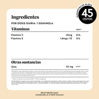 Bears with Benefits Catch Of The Day Vitality* Support – Tabla nutricional con Omega 3 DHA de microalgas, vitamina C y vitamina E por osito, con información detallada de ingredientes y valores nutricionales.