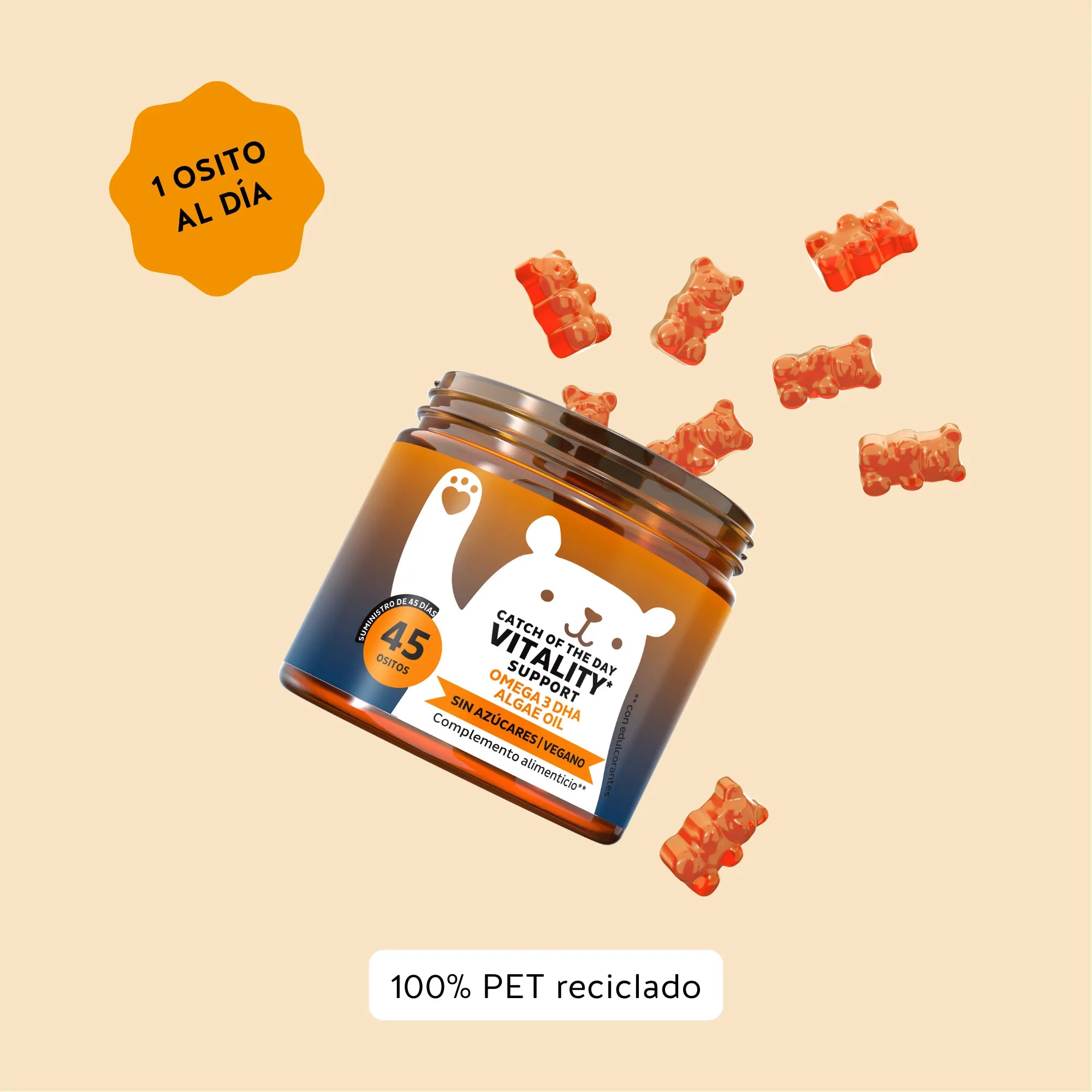 Recomendación de consumo de Catch of the Day Vitality Support con Omega 3 DHA y vitamina C de Bears with Benefits para obtener los mejores resultados. Bote de 45 unidades.