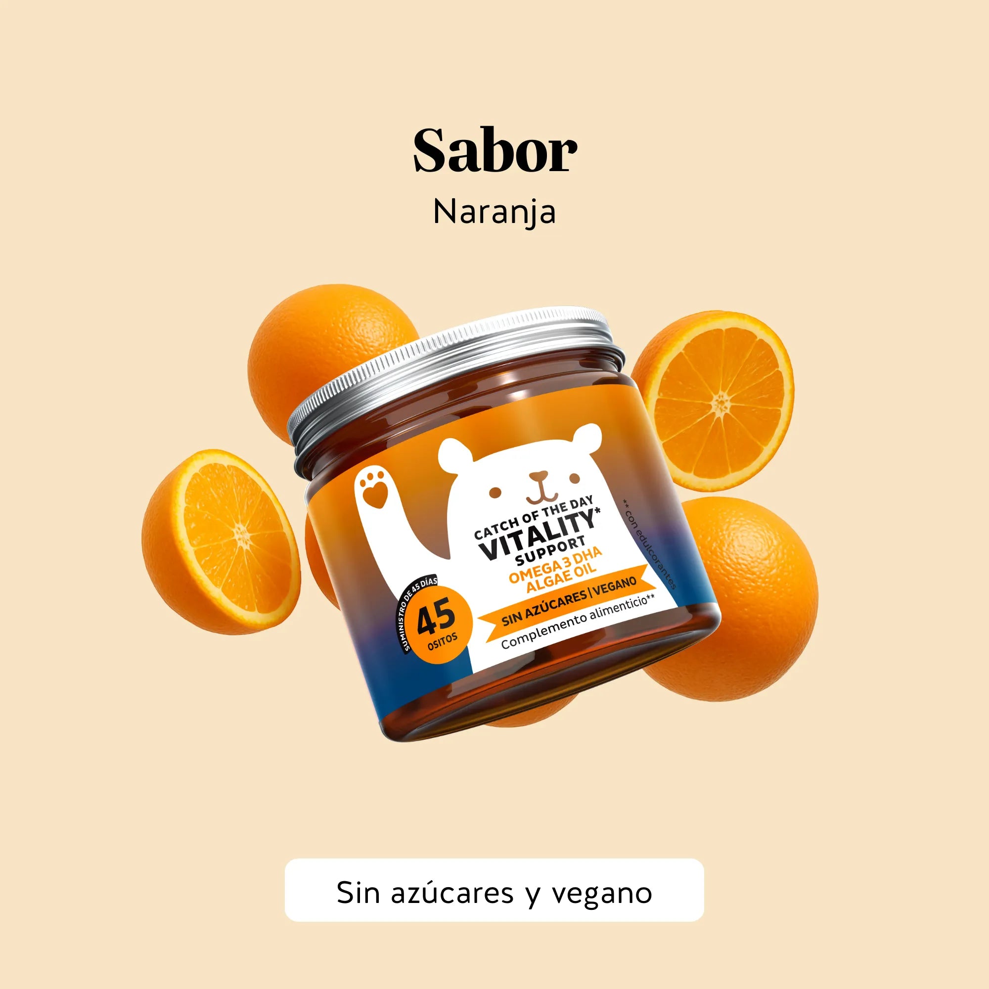Sabor agradable de las gominolas de Catch of the Day Vitality Support con Omega 3 DHA y vitamina C de Bears with Benefits, fáciles y deliciosas de consumir. Bote de 45 unidades.
