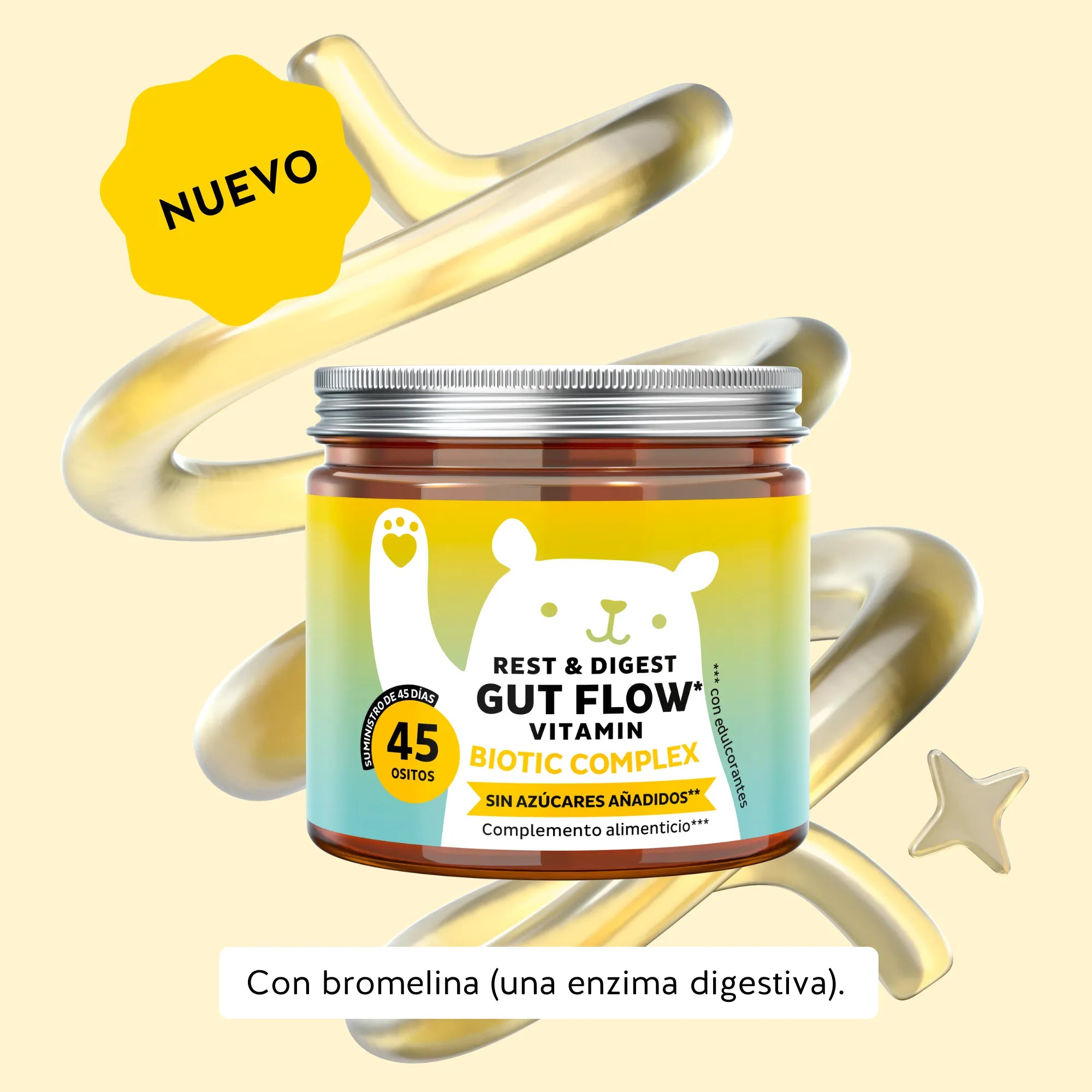 Imagen del bote de 45 unidades del probiótico Rest & Digest Gut Flow de Bears with Benefits en formato de gominolas, diseñado para mejorar la salud digestiva y el equilibrio intestinal.