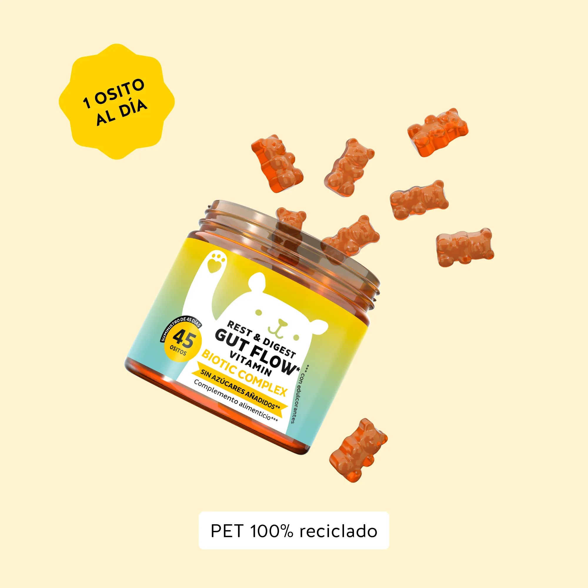 Recomendación de consumo del probiótico Rest & Digest Gut Flow de Bears with Benefits para obtener los mejores resultados digestivos. Bote de 45 unidades. 