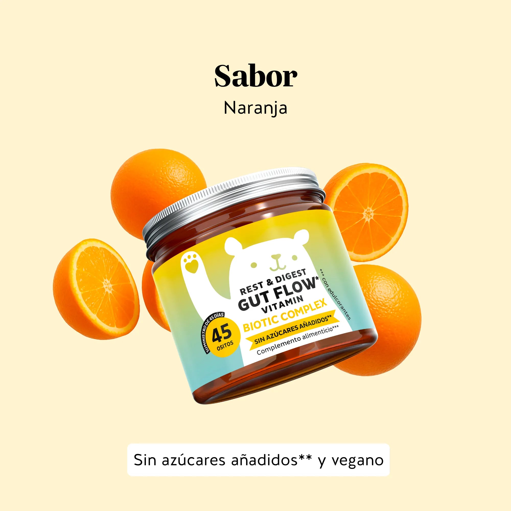 Sabor agradable de las gominolas del probiótico Rest & Digest Gut Flow de Bears with Benefits, fáciles y deliciosas de consumir. Bote de 45 unidades. 