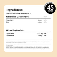 Bears with Benefits Bye bye Sniff! RELIEF* COMPLEX – Tabla nutricional con vitaminas e ingredientes activos para apoyar el sistema inmunitario y el bienestar de las vías respiratorias.