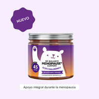 Bears with Benefits Re•Balance Menopause* Support – Gominolas veganas con ácido hialurónico, aceite de linaza y de onagra y vitaminas C, B6 y B12 para acompañar a la mujer durante la menopausia y ayudar a disminuir el cansancio y la fatiga. Bote con 45 gominolas sin azúcares y sabor natural a papaya.
