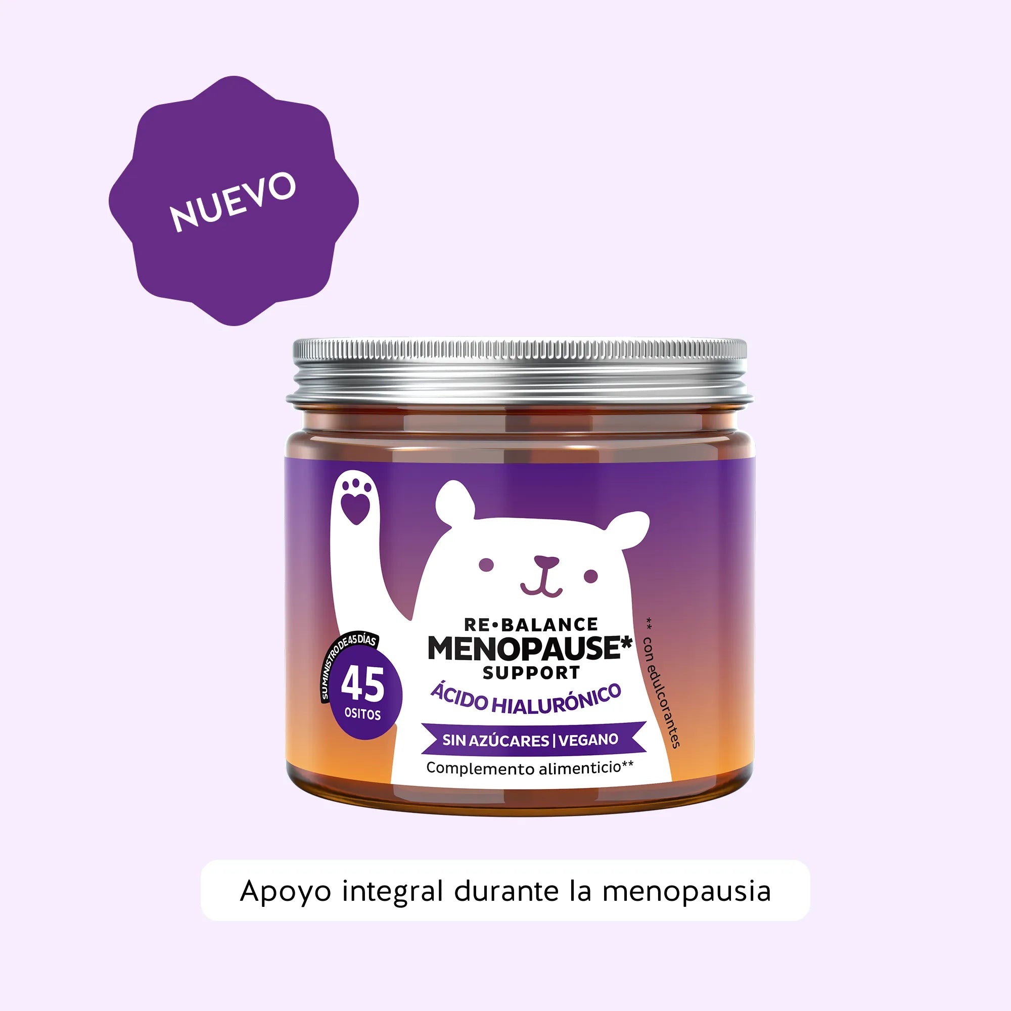 Bears with Benefits Re•Balance Menopause* Support – Gominolas veganas con ácido hialurónico, aceite de linaza y de onagra y vitaminas C, B6 y B12 para acompañar a la mujer durante la menopausia y ayudar a disminuir el cansancio y la fatiga. Bote con 45 gominolas sin azúcares y sabor natural a papaya.
