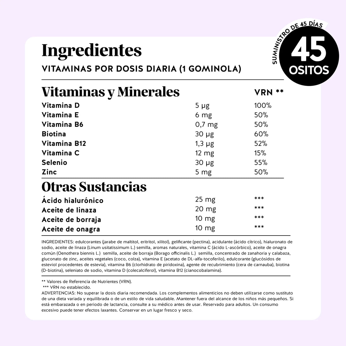 Bears with Benefits Re•Balance Menopause* Support – Tabla completa con los ingredientes activos, ácido hialurónico, aceite de linaza, onagra y borraja, vitaminas C, D, E, B6 y B12, biotina, zinc y selenio, y los valores nutricionales detallados de las gominolas para la menopausia.
