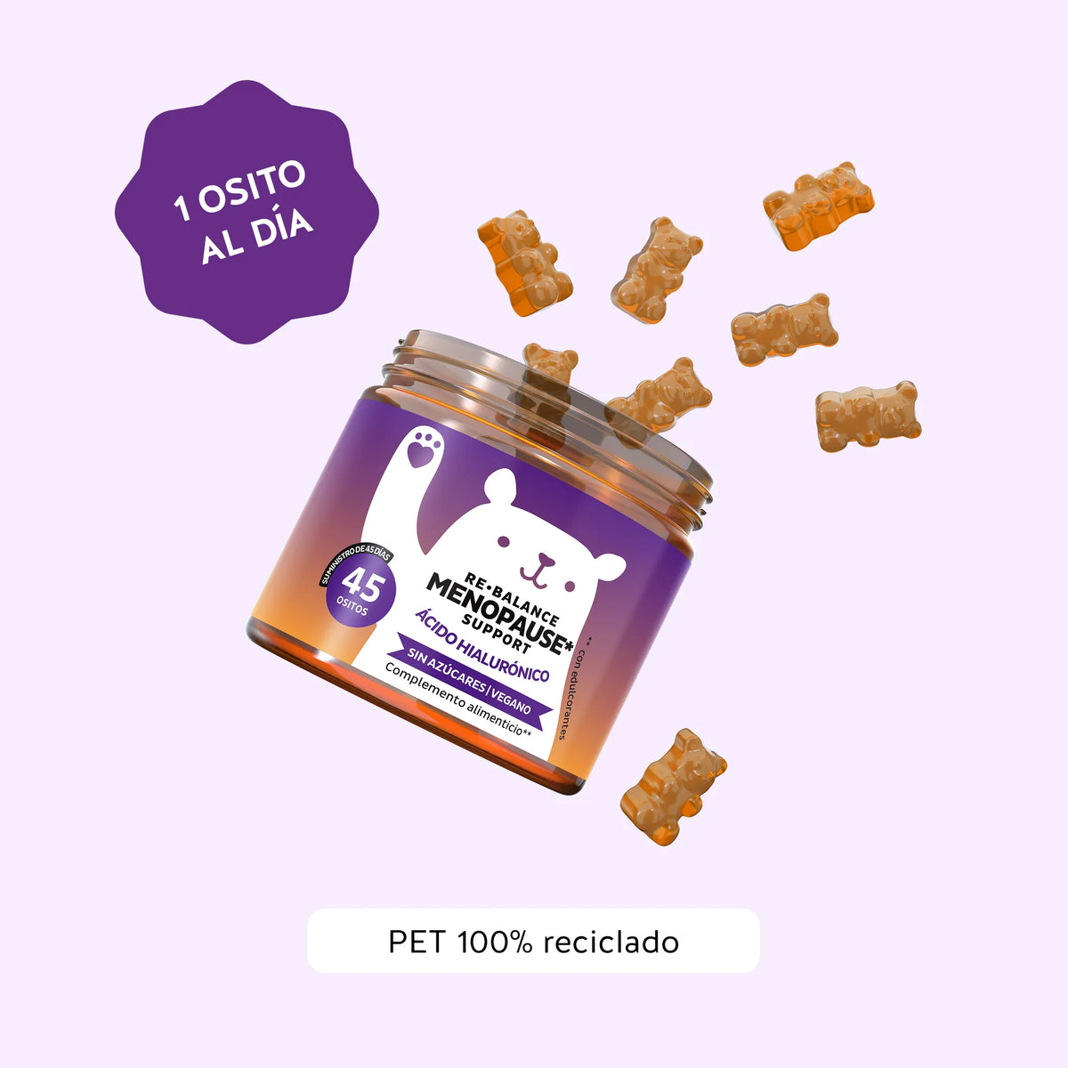 Bears with Benefits Re•Balance Menopause* Support – Gominolas veganas con toma recomendada de 1 osito al día para apoyar a la mujer durante la menopausia y ayudar a reducir la fatiga. Formato de 45 gominolas (45 días de suministro) sin azúcares y sabor a papaya.
