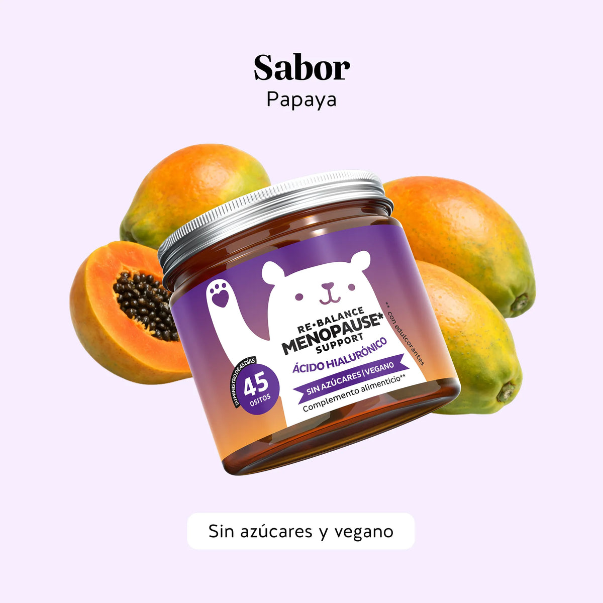 Bears with Benefits Re•Balance Menopause* Support – Gominolas veganas con sabor natural a papaya y sin azúcares, agradables de tomar y pensadas para el día a día de la mujer durante la menopausia. Formato de 45 unidades.

