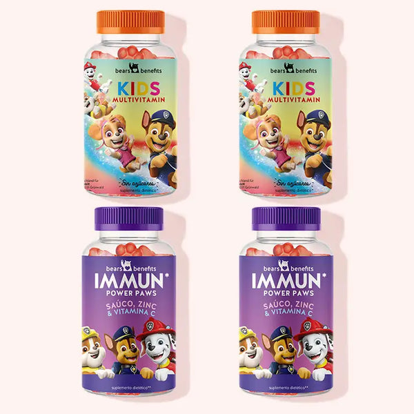 Paquete de 4 "Paw-erful Bundle" de Bears with Benefits compuesto por las gominolas Paw Patrol con multivitaminas y las Immune Power Paw vitaminas con saúco.