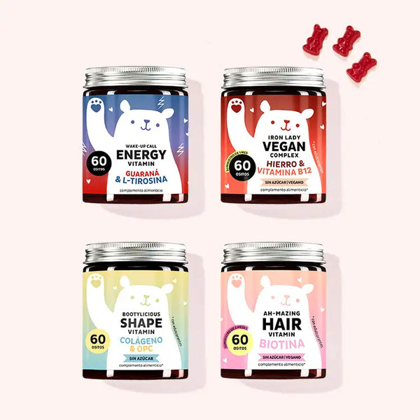 Set de 4 "Strong and Beautiful" con Wake-Up Call Energy Vitamins, Iron Lady Vegan Vitamins, Bootylicious Shape Vitamin y Ah-Mazing Hair Vitamin sin azúcar con extracto de guaraná, vitamina B6, vitamina D, colágeno y OPC, biotina y zinc de Bears with Benefits.