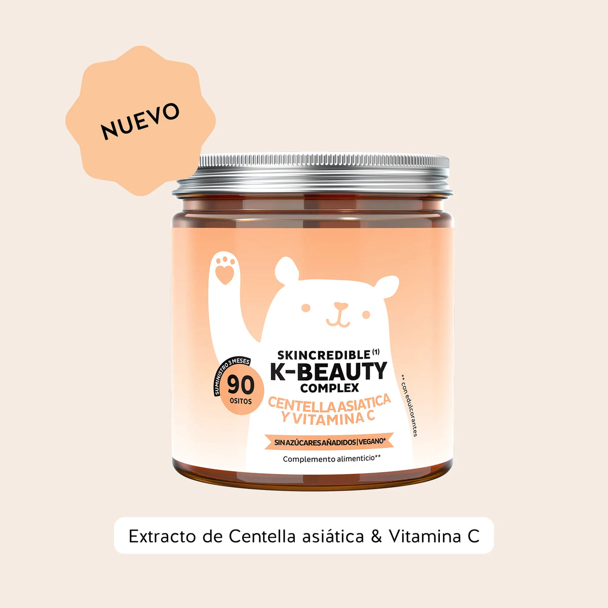 Bears with Benefits Skincredible K-Beauty Complex – Ositos de gominola con vitamina C y zinc para la formación normal de colágeno y la protección de las células frente al estrés oxidativo. Tarro con 90 ositos de gominola sabor mango.