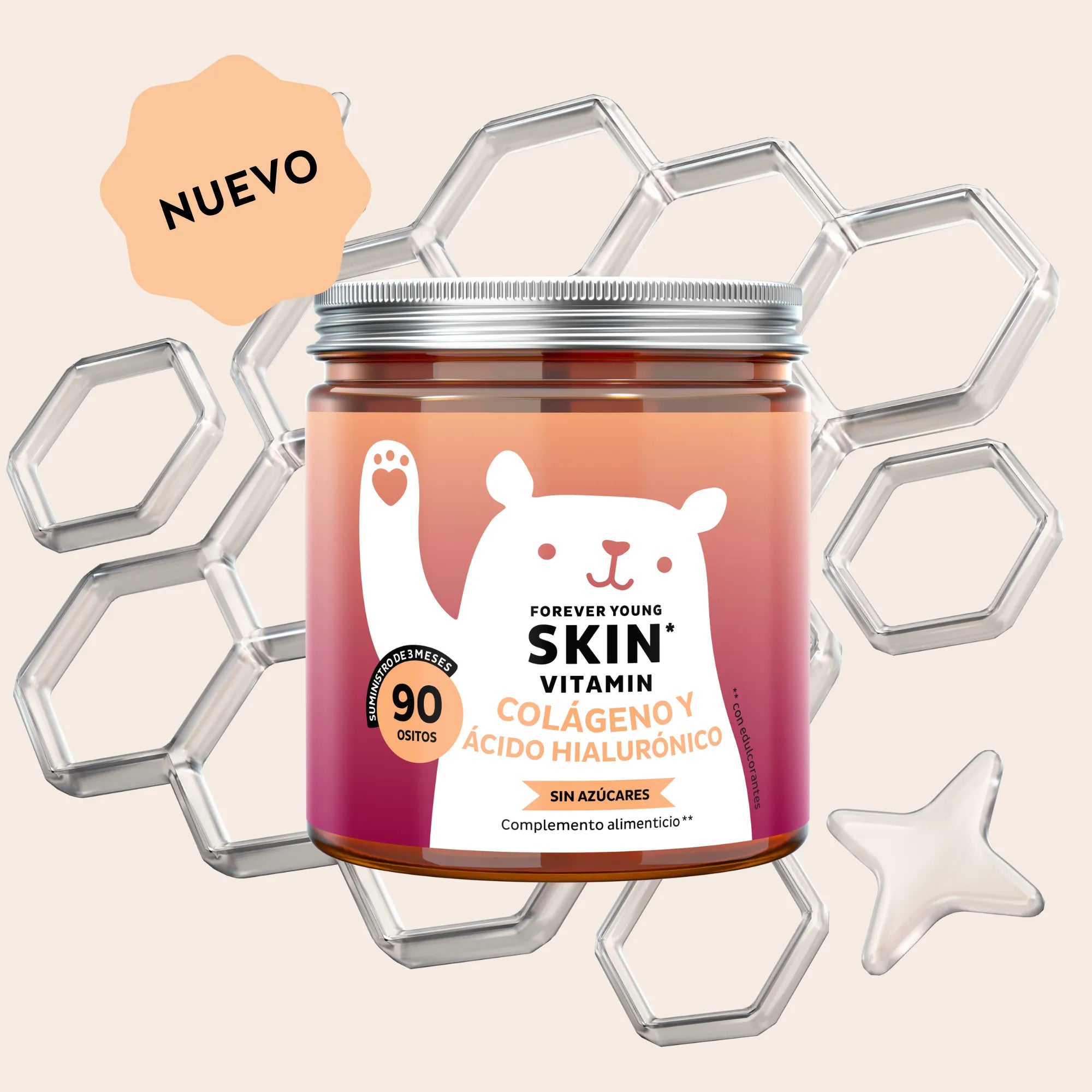 Imagen del bote de 90 unidades de las vitaminas Forever Young Skin de Bears with Benefits en formato de gominolas, diseñadas para apoyar la belleza de la piel desde el interior.